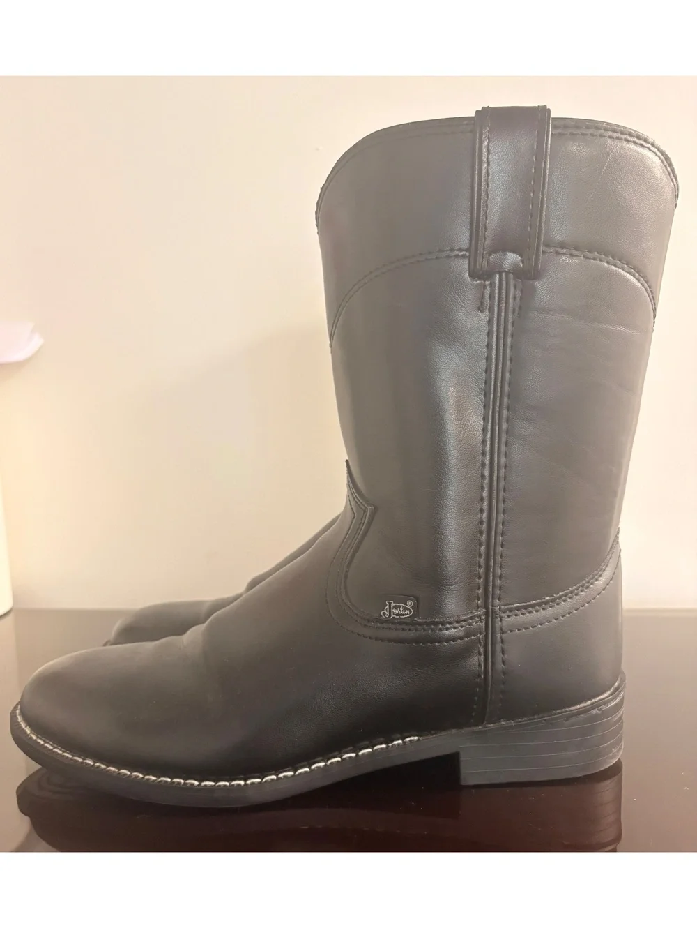 Justin Black Leather Mid-Calf Western Boots with Scalloped Top and Logo Sole